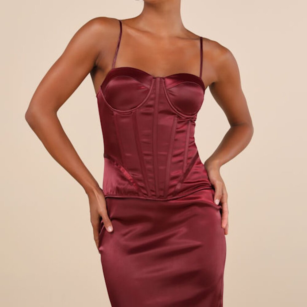 Lulus Alluring Duo Wine Satin Bustier Two-piece Midi Dress Red - Size S
